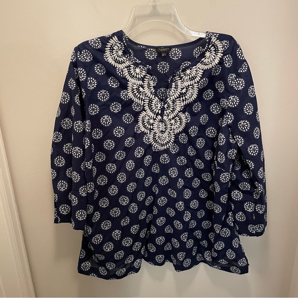 Talbots Navy White Boho Embroidered 3/4 Sleeve Blouse Women’s Size 2XP